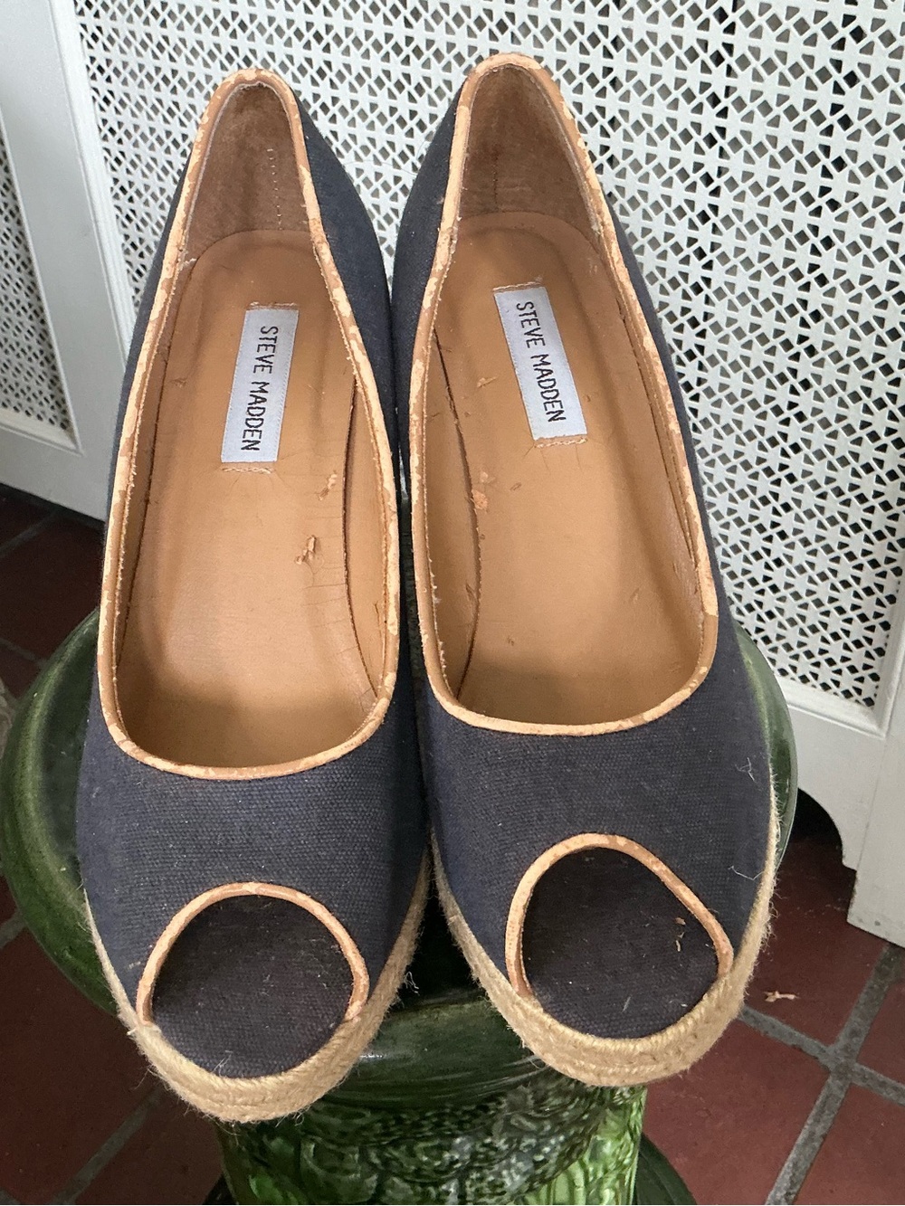 Steve Madden Black Canvas Espadrille Peep-Toe Wedges